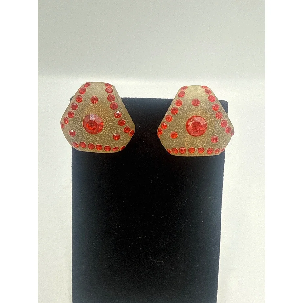Vintage Red Rhinestone Amber Resin Chunky Stud Earrings Geometric Statement
